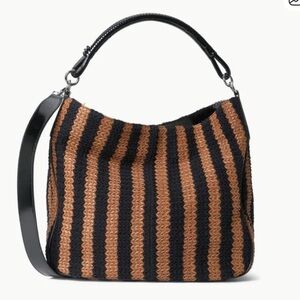 STAUD PERRY HOBO BAG BLACK TAN SEASHORE STRIPE